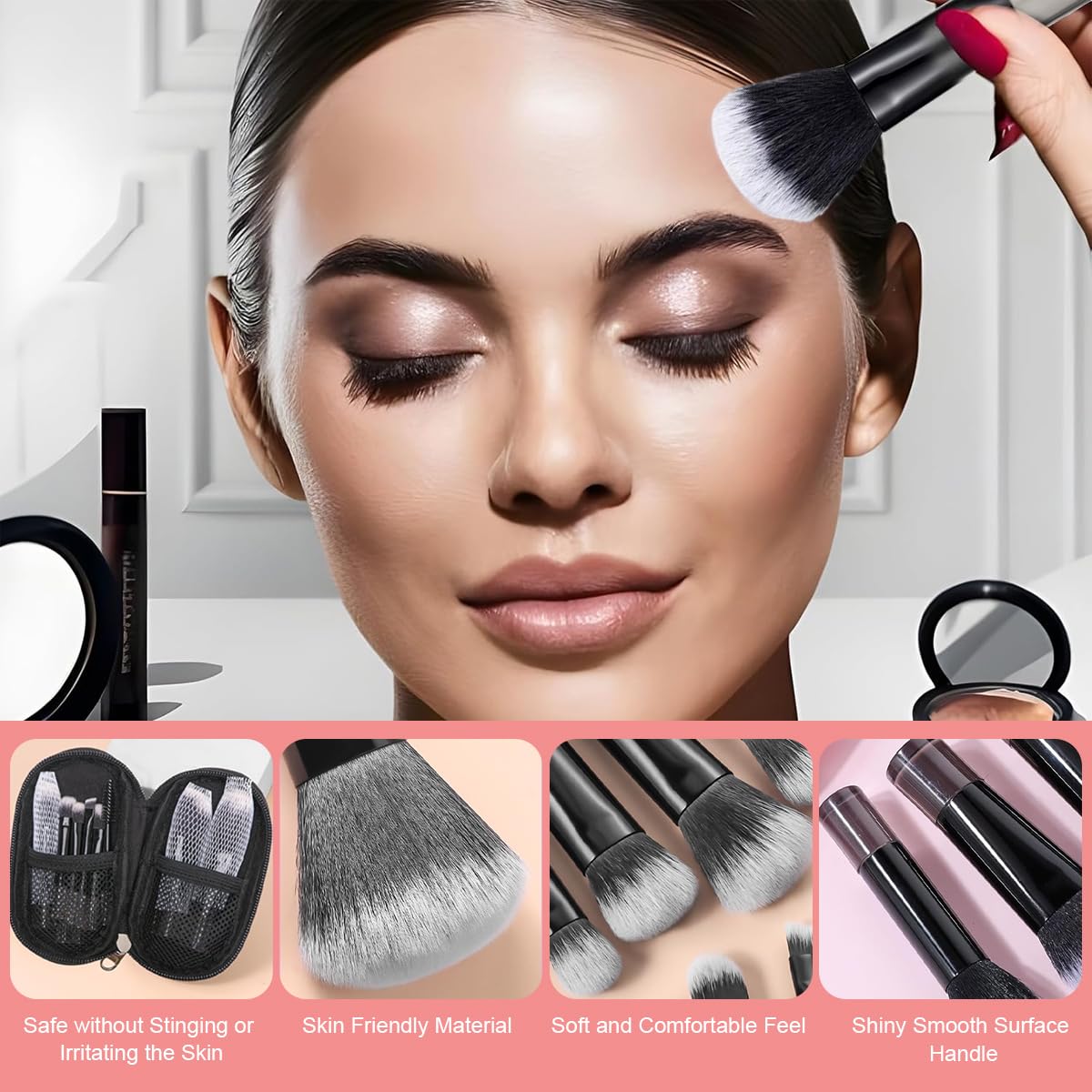 MAYCREATE Makeup Brush Set for Travel with 10Pcs Short-Handle Brushes & Zipper Pouch