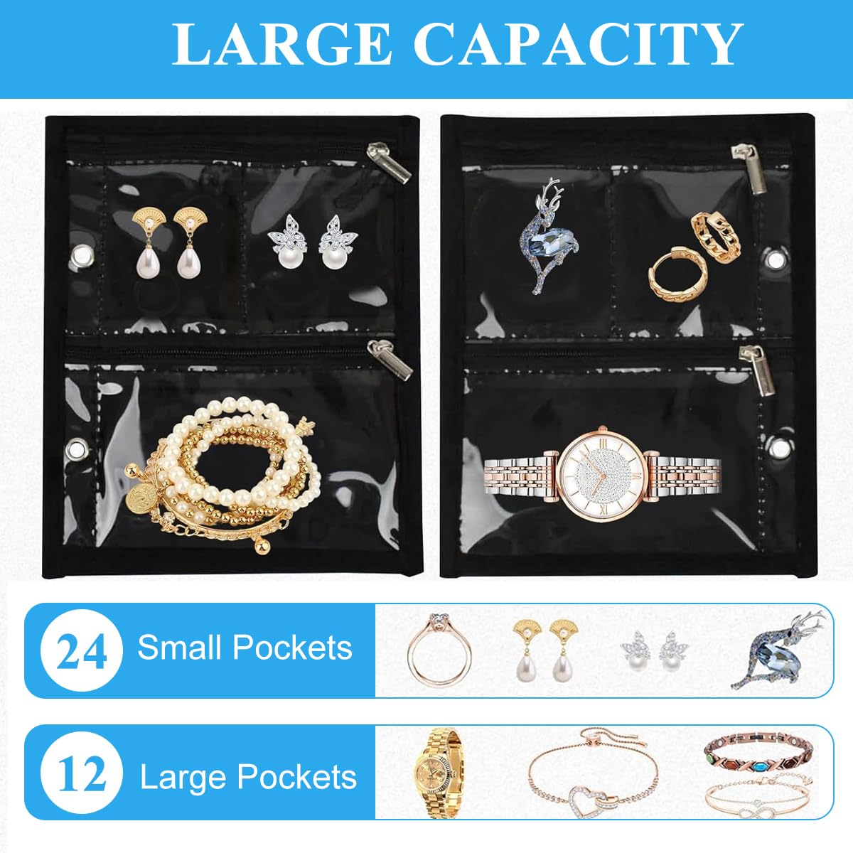 MAYCREATE Jewellery Organiser Box for Home and Travel with 36 Zipper Pockets Featuring Removable Double Sided PVC Bags and Black Oxford Cloth