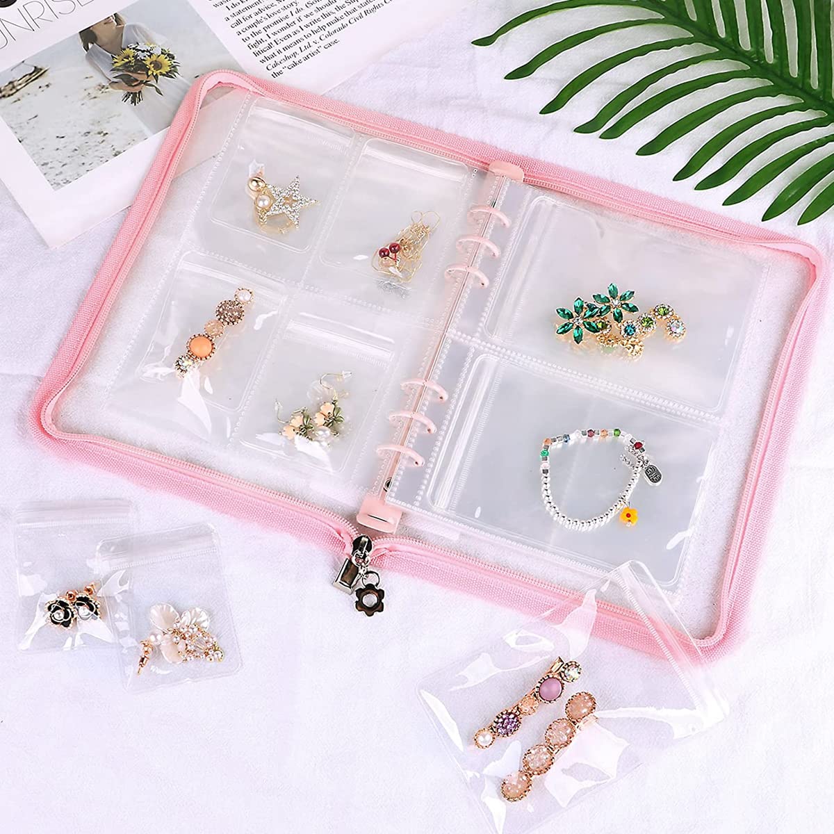 MAYCREATE Transparent Jewelry Storage Book, Anti Oxidation Jewelry Storage Organizer Bag with 60 Pockets for Bracelets Necklace Rings, Pink