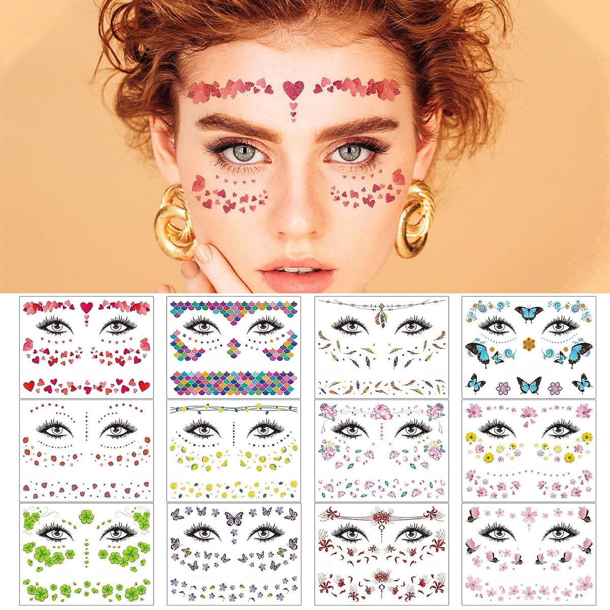MAYCREATE 12 Sheets Glitter Face Temporary Tattoo for Women Girls, Charming Decals Flowers Face Arm Body Makeup Stickers, Waterproof Butterfly Fake Tattoos for Party, Halloween
