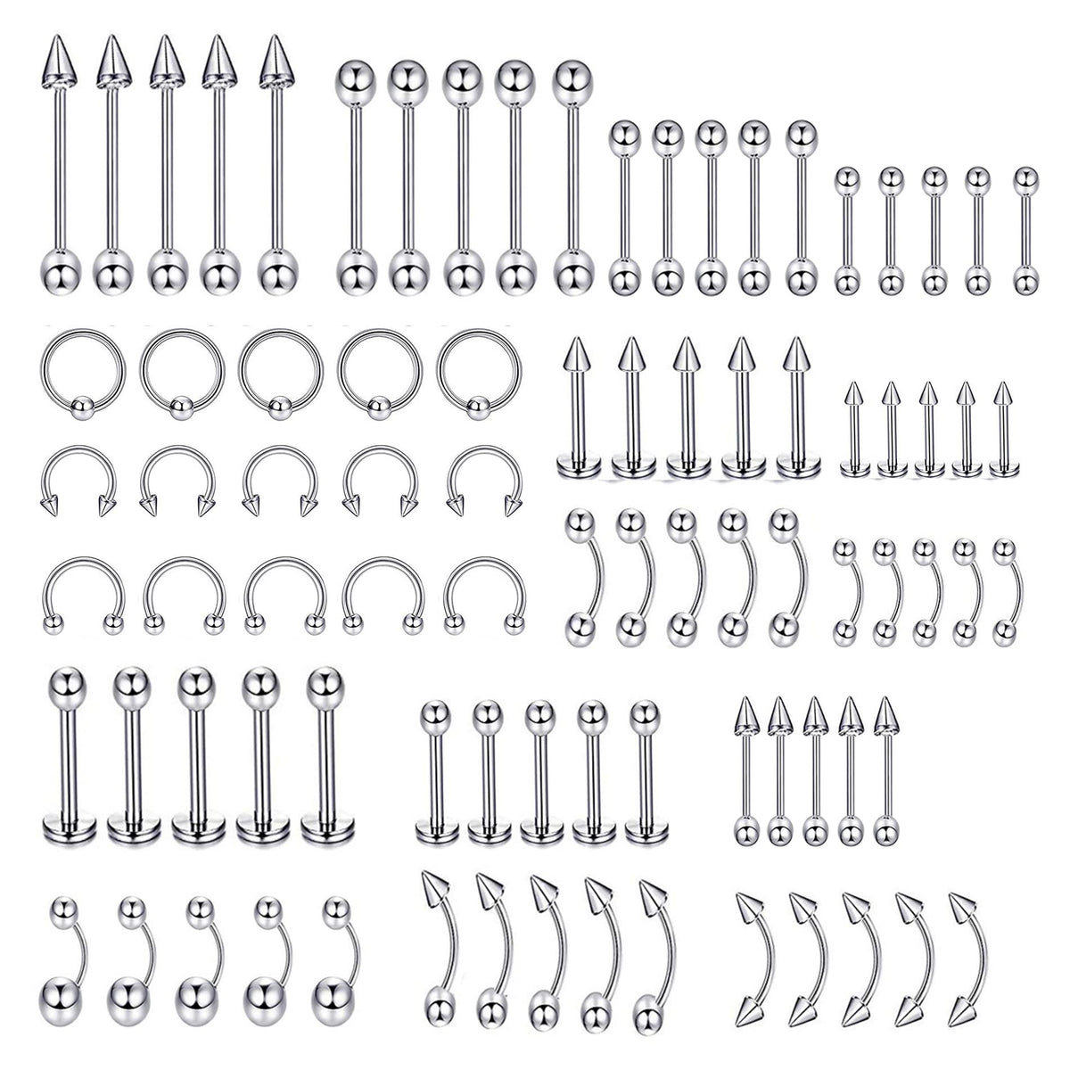 MAYCREATE 85 pcs Stylish Piercing Stainless Steel Body Jewelry Set for Women and Men For Lip, Tongue, Eyebrow, Nipple, Belly-Button, Nose Piercings Piercing Art