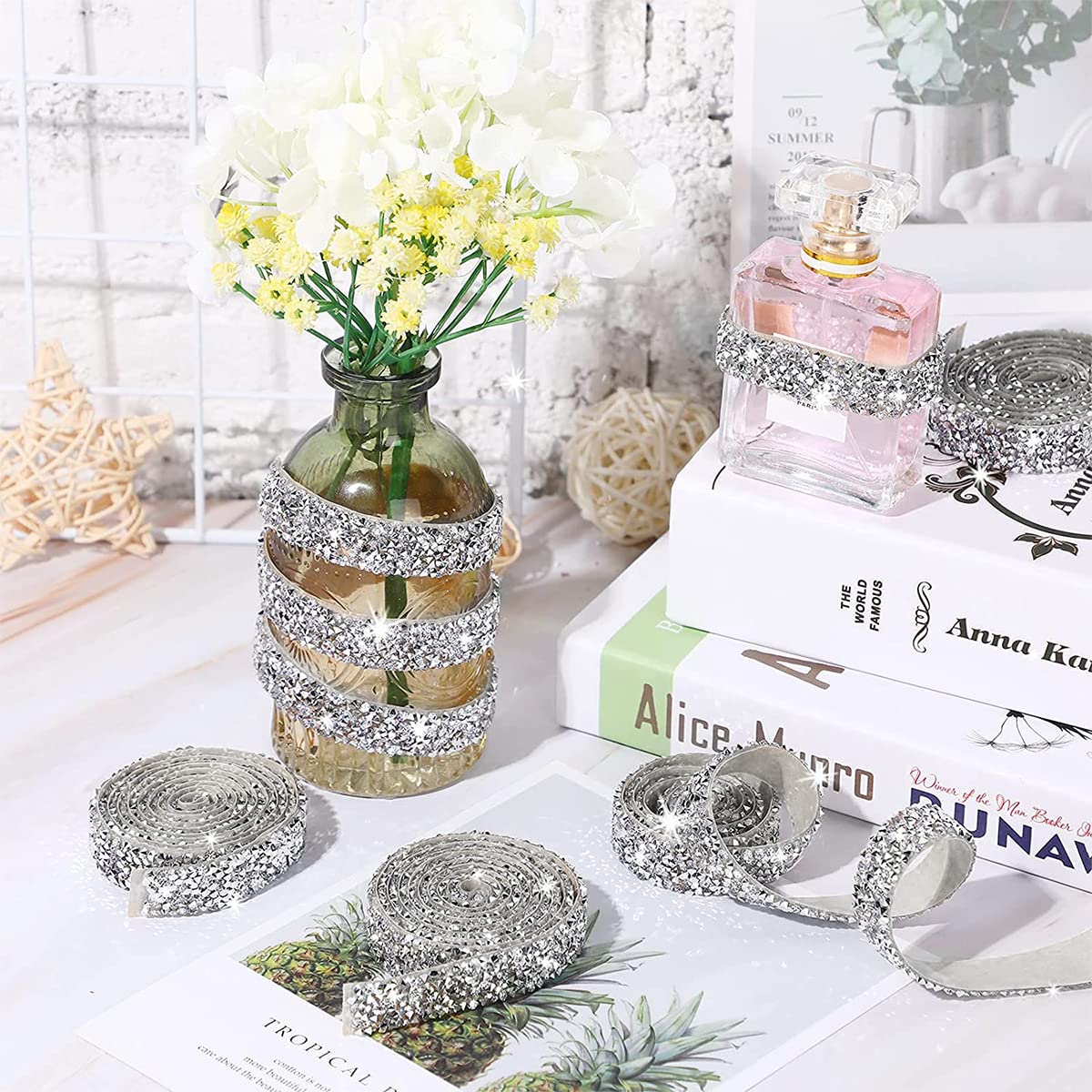 MAYCREATE Self Adhesive Bling Rhinestone Strips for DIY Crafts with 4 Rolls 1 Yard Each | Silver Crystal Ribbon Decoration