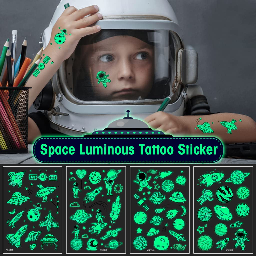 MAYCREATE 10 Sheet Kids Tattoo Sticker Night Glowing Tattoo Sticker, Cartoon Space Theme Sticker Waterproof Temporary Tattoos for Birthday Parties, Group Activities, Cartoon Tattoo Sticker