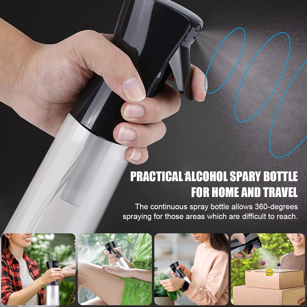 MAYCREATE 300ml Refillable Spray Bottles, Empty Plastic Mist Water Spray Bottle for Hair, Portable Skin Moisturizing Spray Bottle for Alcohol, Cleanser Dispenser(Black)