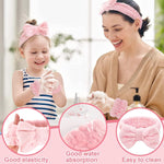 MAYCREATE Face Wash Headband & Wristband Set for Spa and Makeup with Soft Flannel Bow | Pink