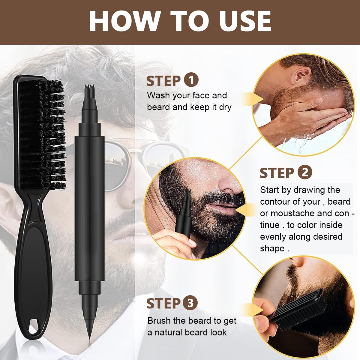 MAYCREATE Barber Beard Pencil Filler for Men Dual Tip 2 in 1 Beard Pencil with Comb & Brush for Beard Styling, Sweat Proof Beard Pencil Filler Mustache Kit for Beard, Mustache, Eyebrows (dark brown)