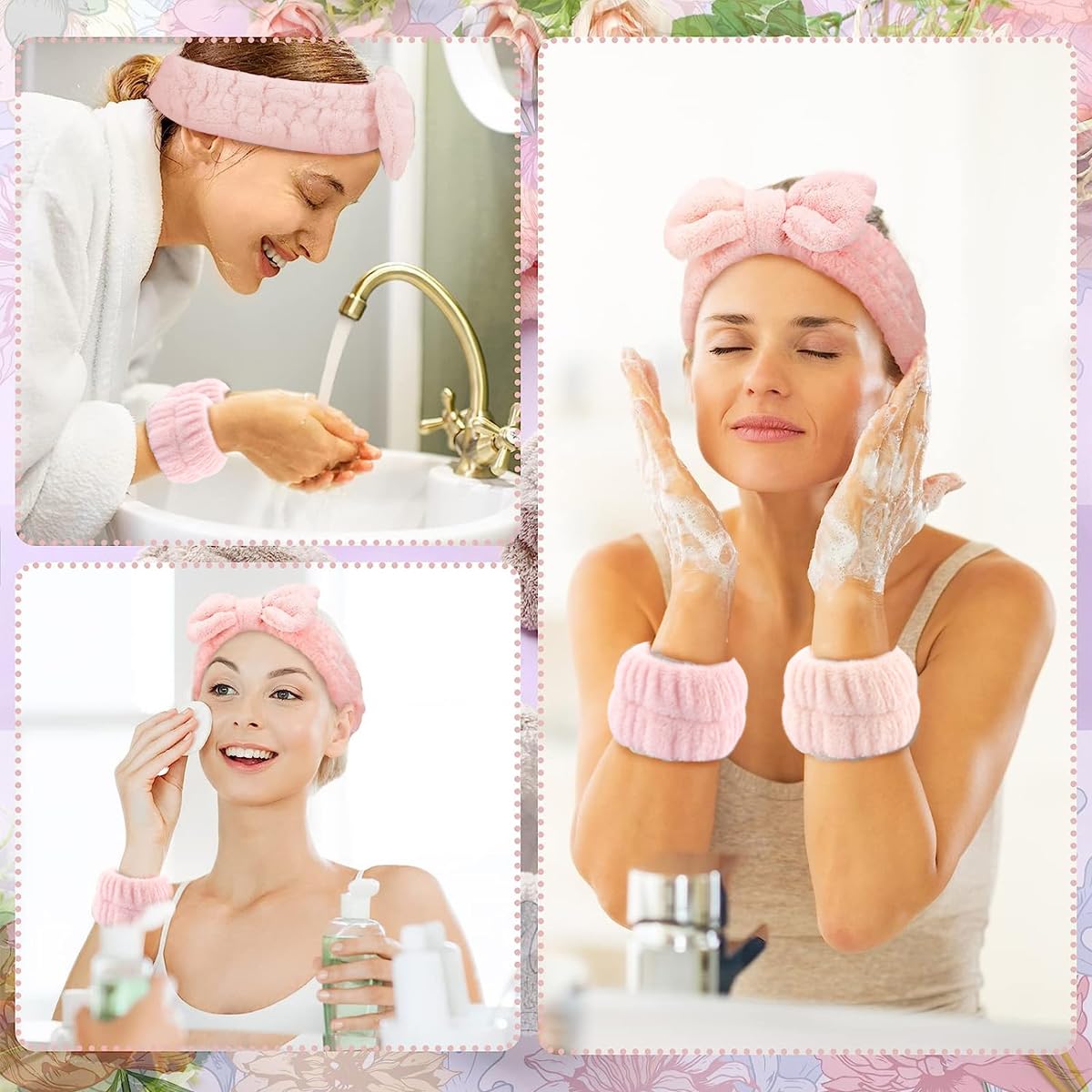 MAYCREATE Face Wash Headband & Wristband Set, Soft Stretchy Bowknot Headband for Women Girls, Flannel Super Absorbent Sweat Wrist Towel Band for Washing Face, Makeup, Yoga, Fitness (Pink)