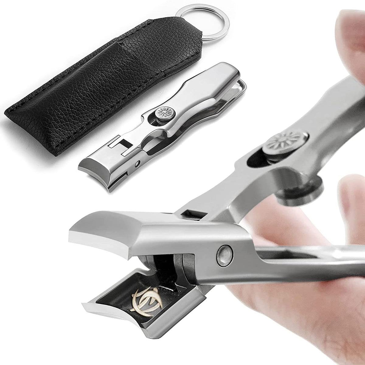 MAYCREATE Nail Clippers for Men with Rivet Button Control and 0.6×3.5 in Slim Design | Stainless Steel Cutter with Leather Cover