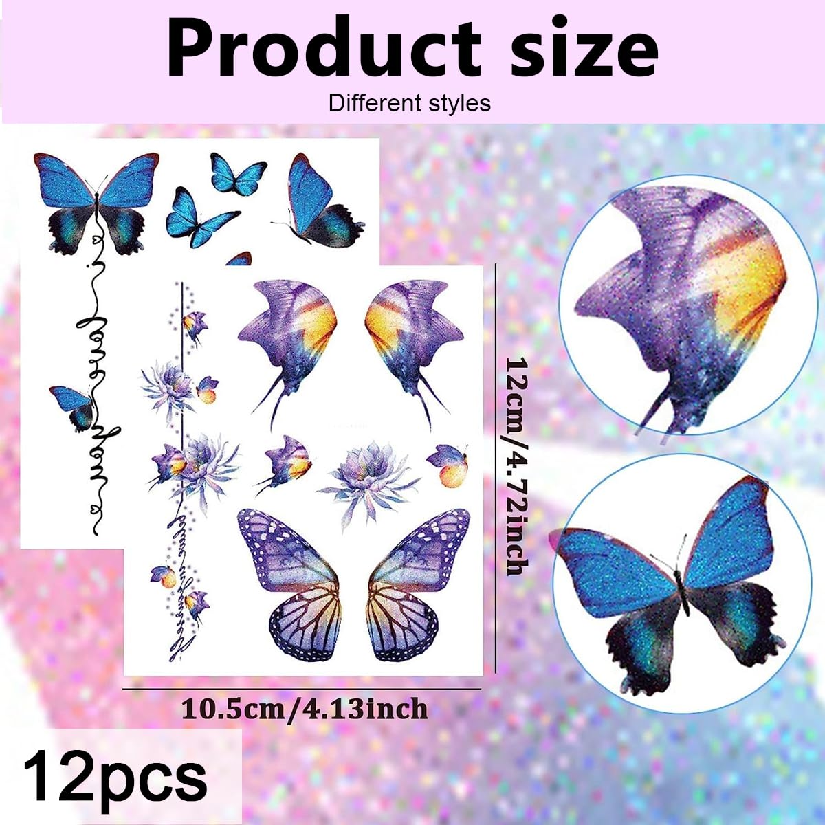 MAYCREATE Butterfly Tattoo Sticker 12 Sheets Kit, Face Mehendi Temporary Tattoos for Women Girls, Aesthetic Glitter Fake Tattoo Stickers for Face Arm Body, Freckle Tattoo Art for Rave Party
