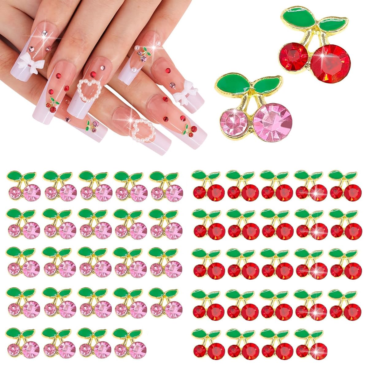MAYCREATE 50Pcs 3D Cherry Nail Charms, Pink+Red Nail Rhinestones Nail Art Shiny Cute Fruit Luxury Gems, Crystal Diamond Jewels Studs with Rhinestones for Nail Design Nail Art Decoration for Women