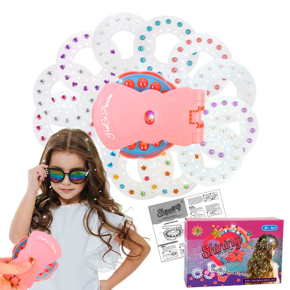 MAYCREATE Hair Gem Stamper Sparkle Rhinestones Quick Hair Gems Stapler machine with 180pcs Glitter Gems Kit for Girls Kids Age 6+, Bling Hair in Seconds Party Hair-Safe Styling Tool