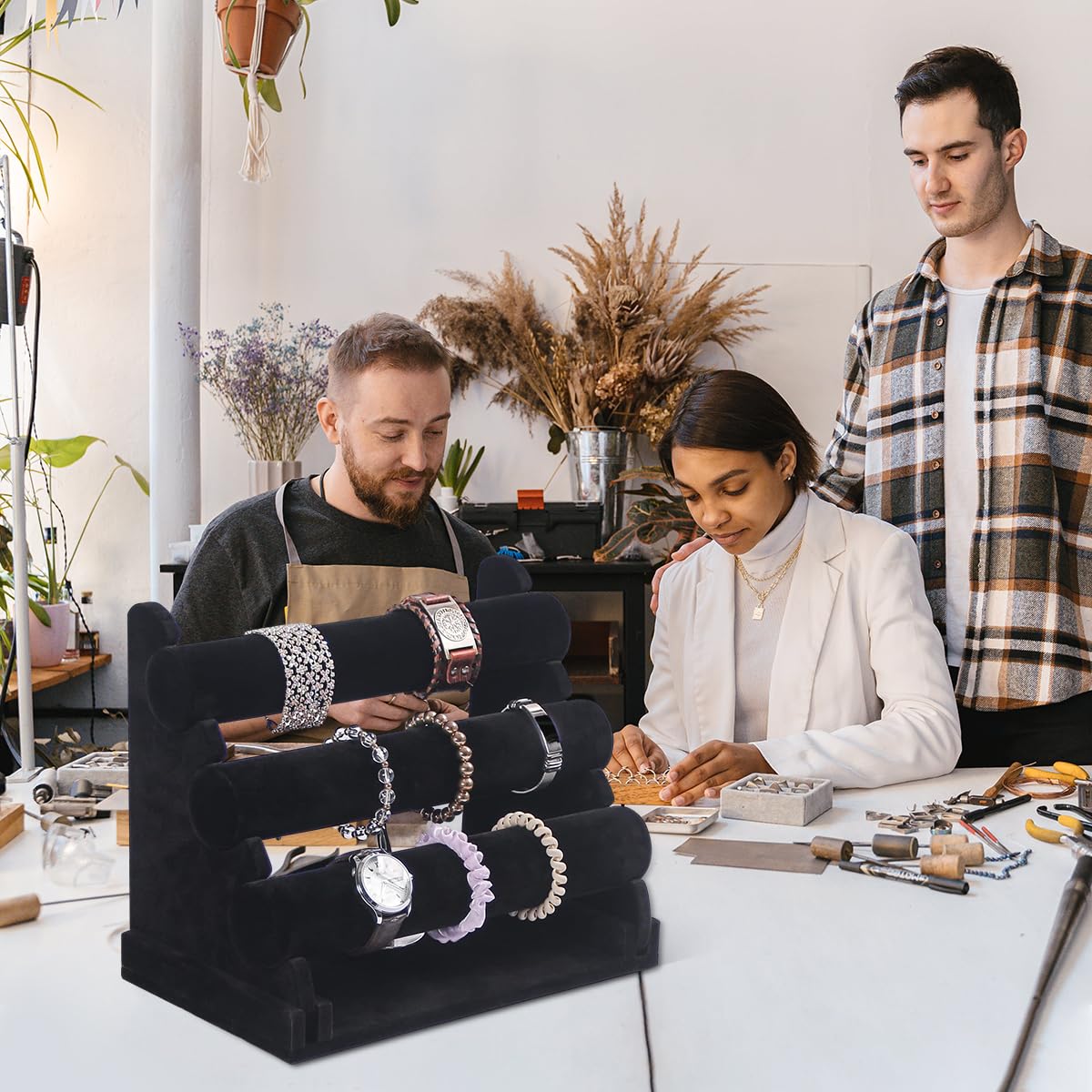 MAYCREATE Bracelet Organizer for Watches and Bangles with 3 Tiers Velvet Stand | Black