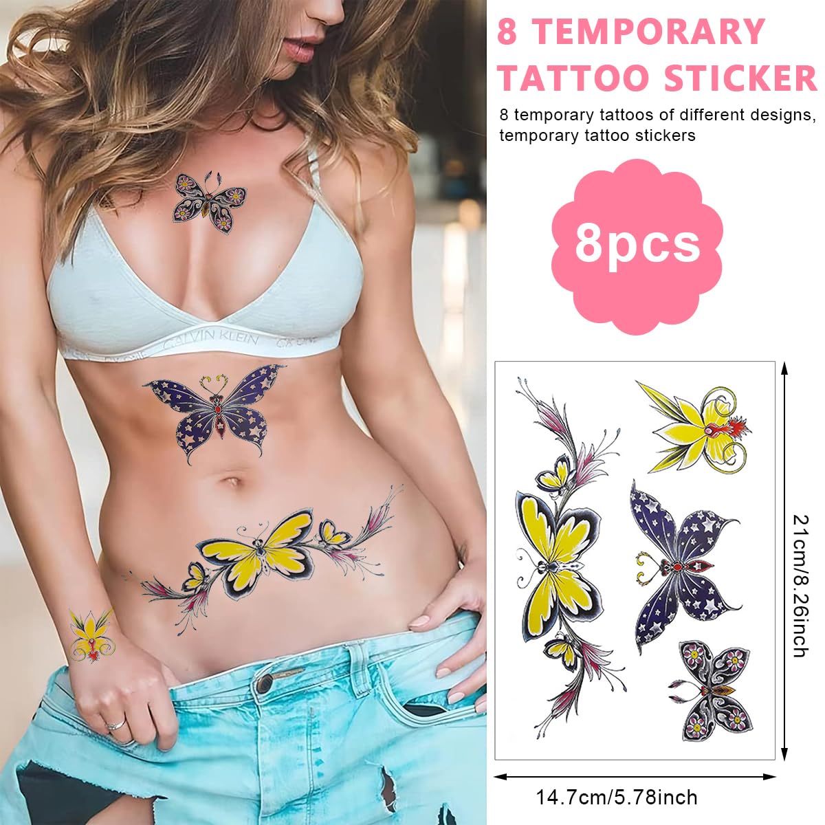 MAYCREATE Temporary Tattoo Stickers for Women featuring 8 Sheets 14.8x21cm Waterproof Designs
