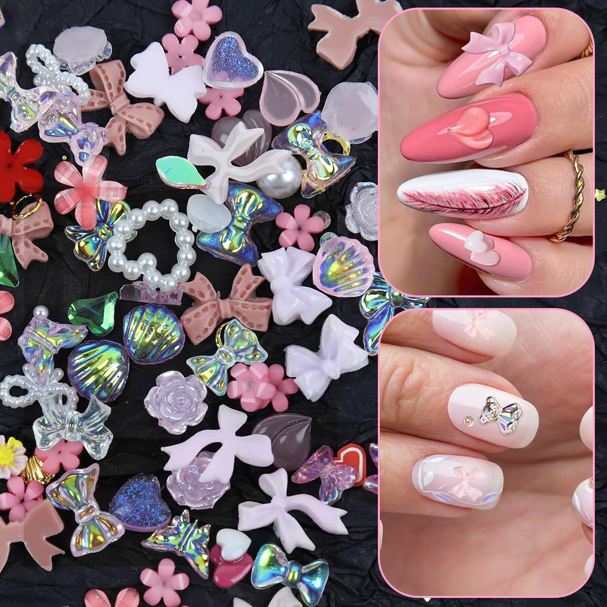 MAYCREATE 3D Flower Nail Charms Heart Star Bow Embellishments Acrylic Nail Gems Charms Mixed AB Resin Rhinestones Pearls Gold Rivets for Manicure DIY Crafts Accessories, Pink