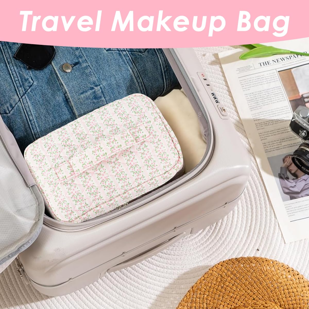 MAYCREATE Makeup Bag for Travel and Office with 25x16x15cm Storage | Soft Cotton Floral Print