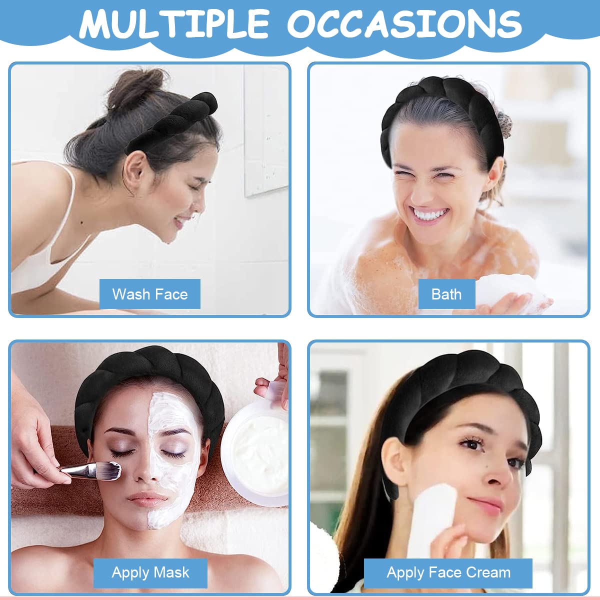 MAYCREATE Facial Spa Headband for Women Girls, Soft Sponge Headband for Face Washing, Shower, Makeup Headband Fashion Clouds Hairband Non Slip Hair Hoop Headwear, Black