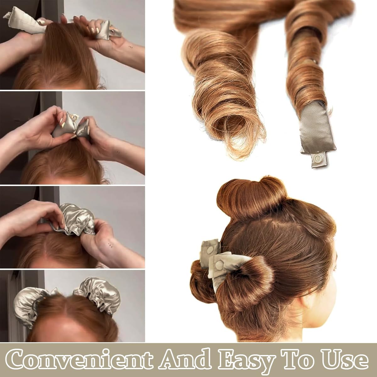 MAYCREATE 2Sets Satin Heatless Hair Curler, Hair Rollers for Heatless Curls with Hair Caps, Soft Curling Rod Headband for Long Hair Can Sleep in Overnight, DIY Hairstyling Tools, Gold