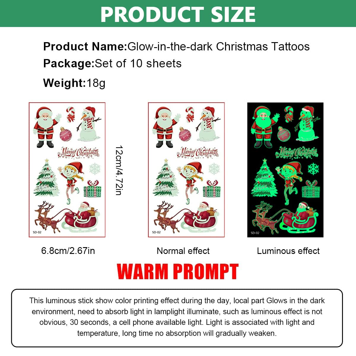 MAYCREATE Temporary Tattoo Stickers for Kids with Waterproof Glow Effect 10 Sheets | Christmas Party and DIY Crafts