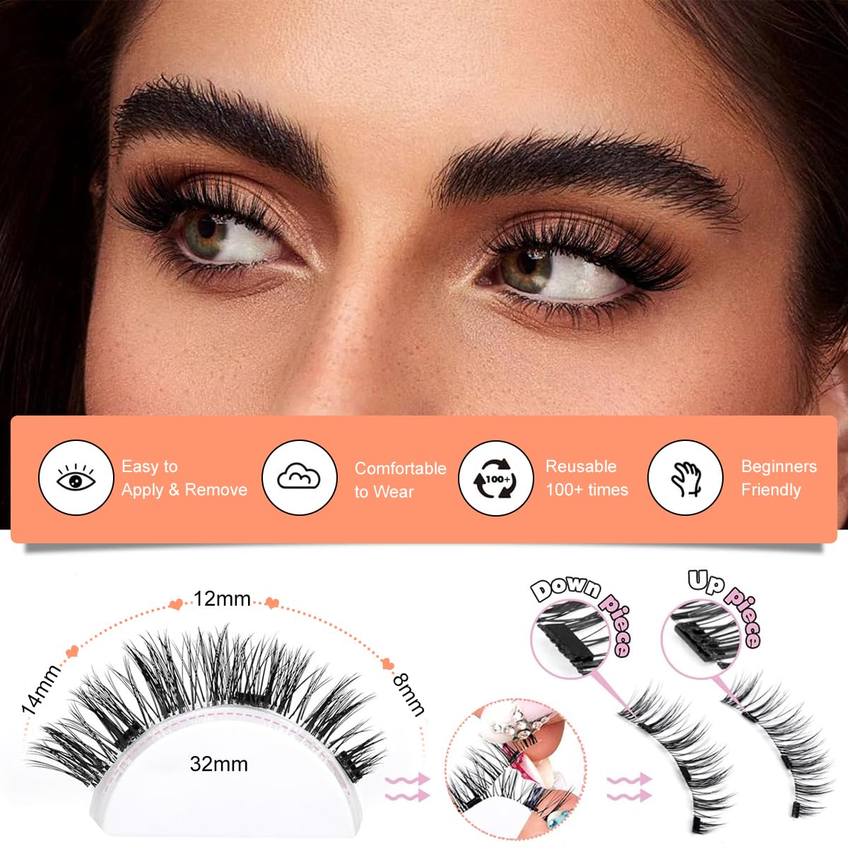 MAYCREATE 1Pair Magnetic Eyelashes Natural Look Reusable Cat Eye Magnetic Lashes with Applicator Magnetic Eyelashes Kit without Eyeliner Wispy Clear Band False Eyelashes No Glue Needed