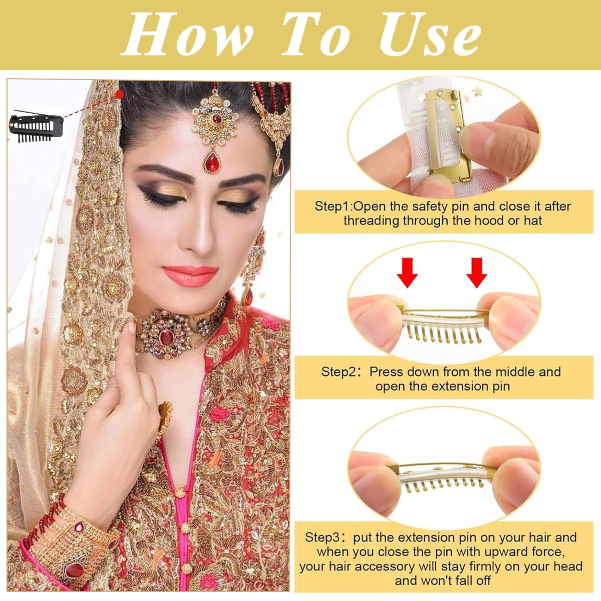 MAYCREATE Dupatta Clips for Brides 6pcs with Strong Grip Stainless Steel Pins | Secure Veil Fixing