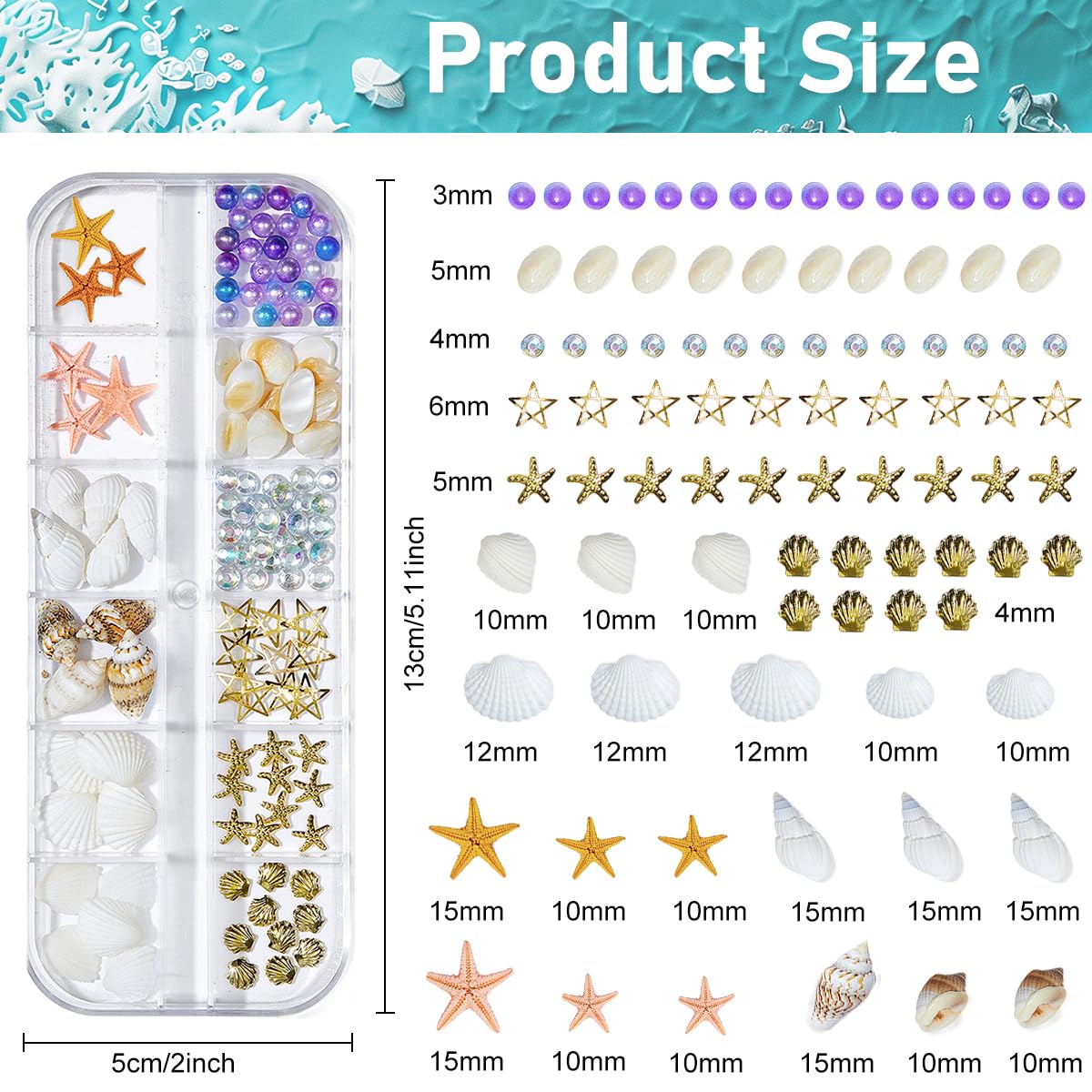 MAYCREATE® DIY Nail Decals Ocean Themed Nail Art Charms Pearl Seashell Starfish Nail Art Decals Assorted 12 Designs Non-adhesive DIY Nail Art Charms Nail Decals DIY Craft Nail Art Supplies