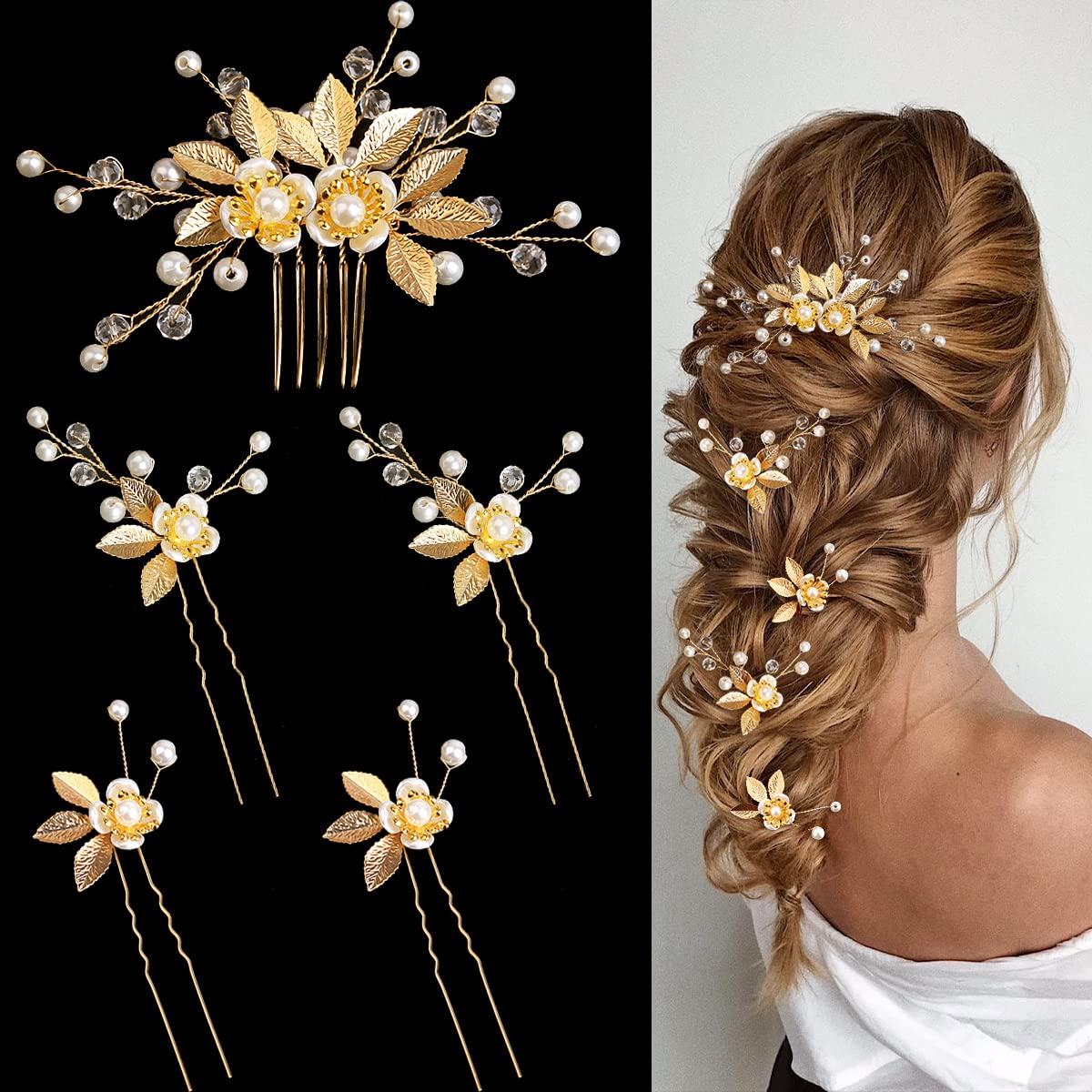 MAYCREATE® 5 Pieces Gold Leaf Hair Pins Flower Pearl Hair Forks