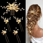 MAYCREATE® 5 Pieces Gold Leaf Hair Pins Flower Pearl Hair Forks