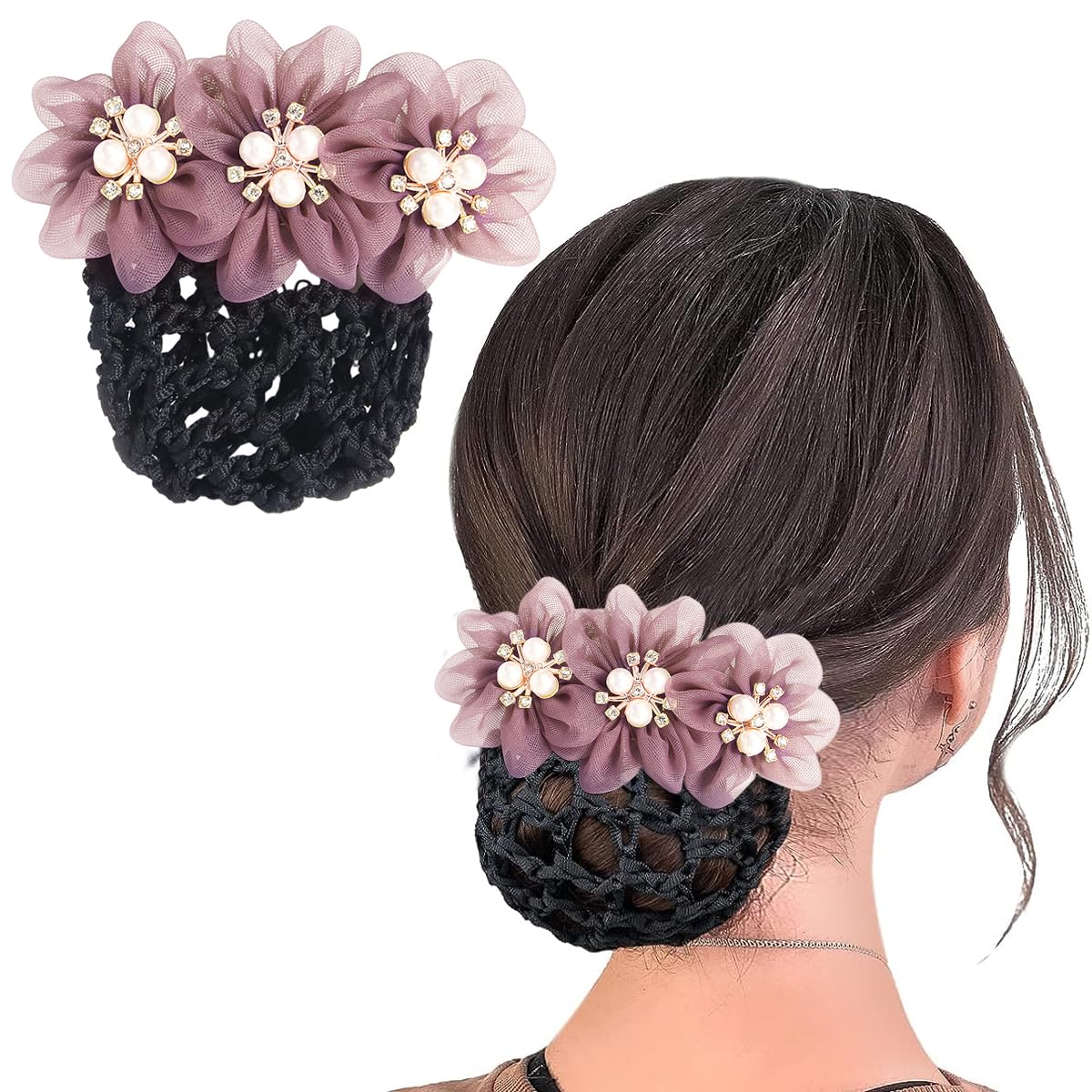 MAYCREATE Hair Bun Accessories for Women, Flower Hair Snood Net, Pearl Mesh Bun Maker for Hair, Stylish Knit Hair Bun Cover Hairnet for Daily, Work, Dancer Gift