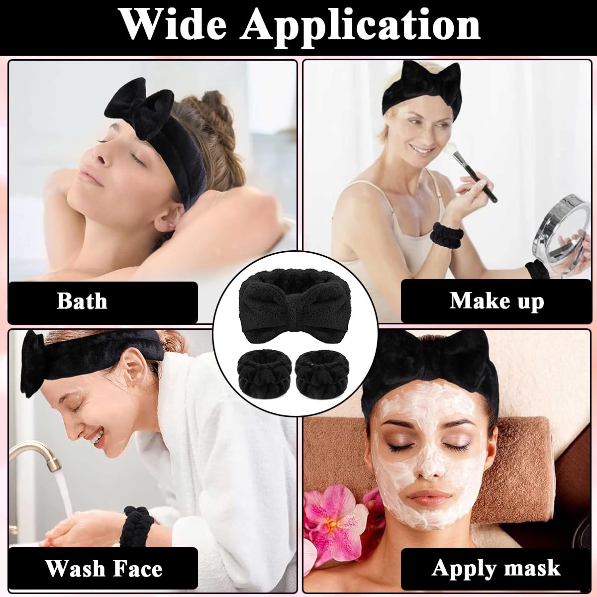 MAYCREATE 3 Pcs Facial Spa Headband Wristband Combo Set, Elastic Microfiber Face Wash Hairband Wrist Wash Bands for Face Washing, Makeup, Yoga, Fitness (B - Black)