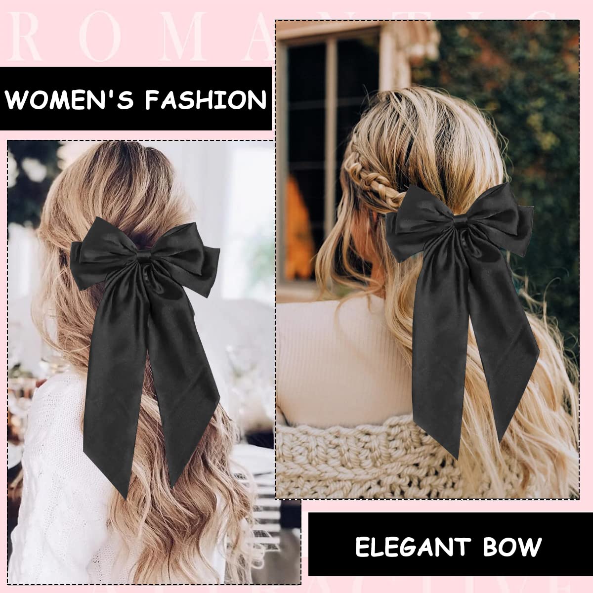 MAYCREATE Large Satin Hair Bows for Women Girls Silk-Like Stylish French Bow Hair Clip Bowknot Hair Barrettes Big Ribbon Bow with Long Tail (Black)