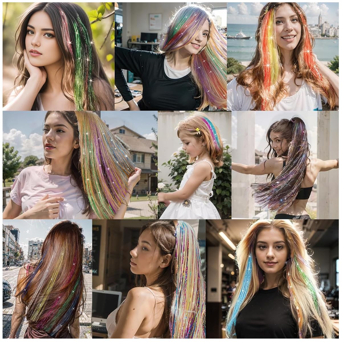 MAYCREATE Glitter Hair Tinsel Kit for Party Styling with 47 in Strands and 12 Colors | Includes Tools and Accessories for Women and Girls