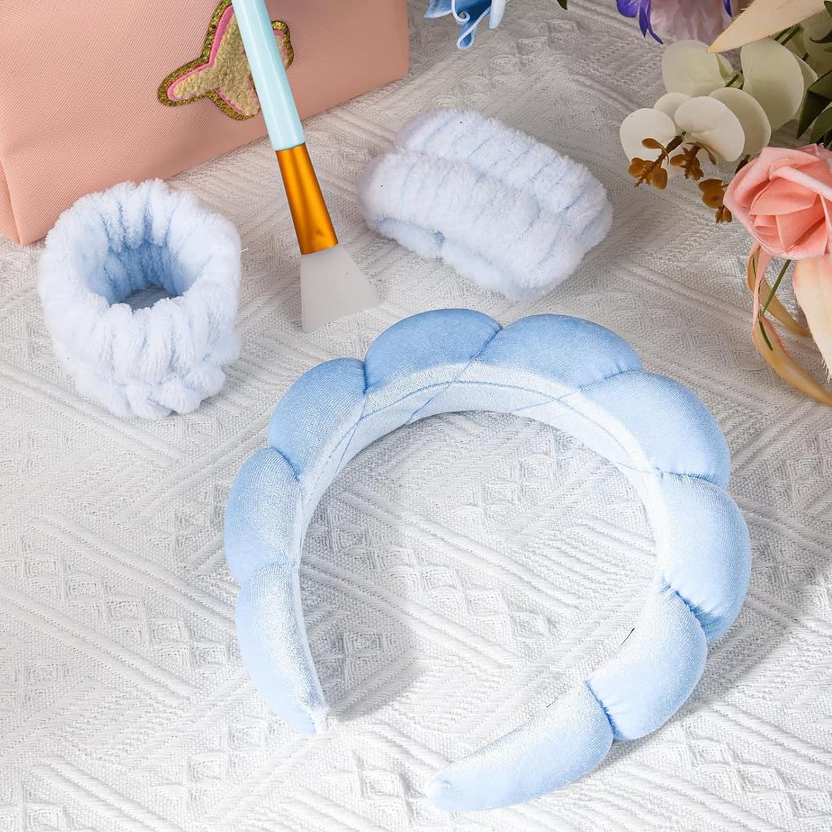 MAYCREATE Spa Headband Wristband Combo for Women Girls Face Washing, Sunflower Sponge Facial Skincare Headband Makeup Hairband Coral Fleece Wrist Washband Set - Blue