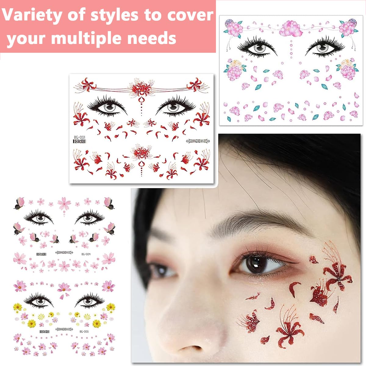 MAYCREATE 12 Sheets Glitter Face Temporary Tattoo for Women Girls, Charming Decals Flowers Face Arm Body Makeup Stickers, Waterproof Butterfly Fake Tattoos for Party, Halloween