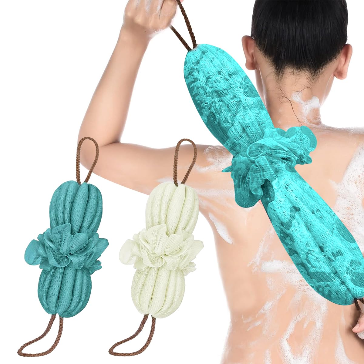 MAYCREATE Bath Shower Loofah Sponge, 2 Pack Long Stretch Back Sponge Exfoliating with Rope Handles, Back Scrubber for Shower Body Scrub Stretch Loofah for Women and Men (Navy+Green)