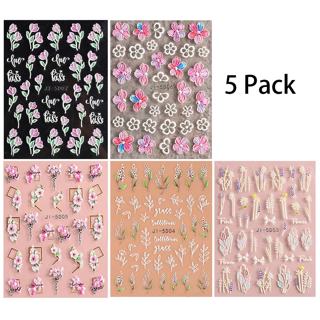 MAYCREATE 5 Sheets Nail Art Decor Stickers 3D Embossed Flower Charms for Nail Art 5 Styles Flower Nail Charm Sticker for DIY Nail Extension Self-Adhesive Nail Art Decals