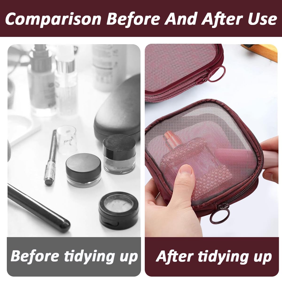 MAYCREATE Mesh Makeup Pouch for Travel with Secure Zipper 4pcs 4.7 in Nylon Bags | Wine Red