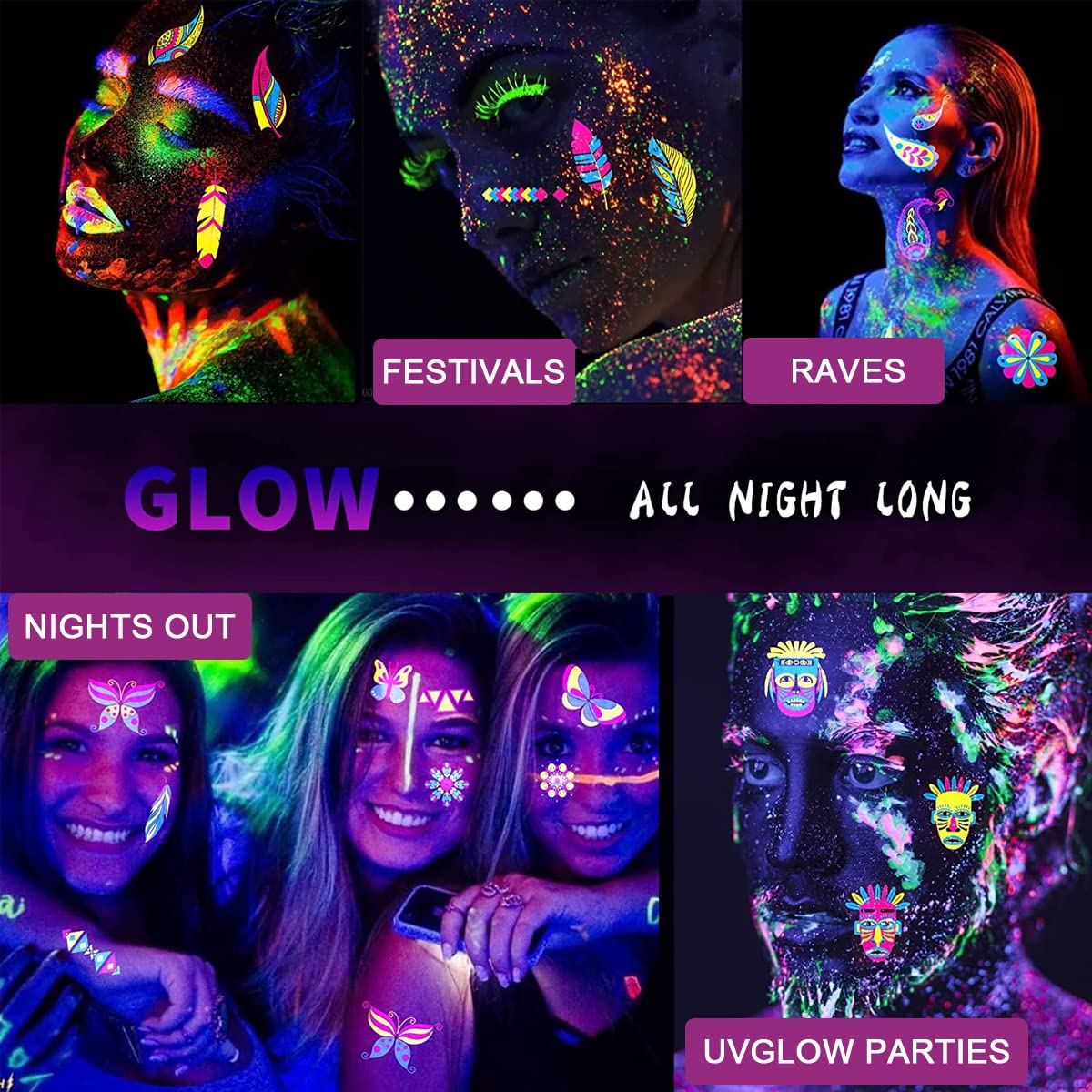 MAYCREATE 10 Sheets Temporary Tattoo Stickers Night Glow in the Dark Sticker, 80+ Styles Waterproof UV Neon Stickers, Body Face Fake Tattoos for Women Men Kids Rave Festival Party