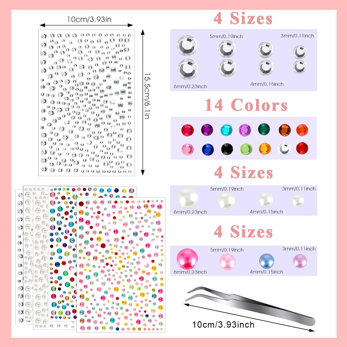 MAYCREATE 6 Sheets Face Gems Rhinestones Pearl Stickers with Tweezer, Self Adhesive Face Jewels Sticker, Glitter Color Festival Hair Gems for Makeup, DIY Crafts, Nail Art, Scrapbooking