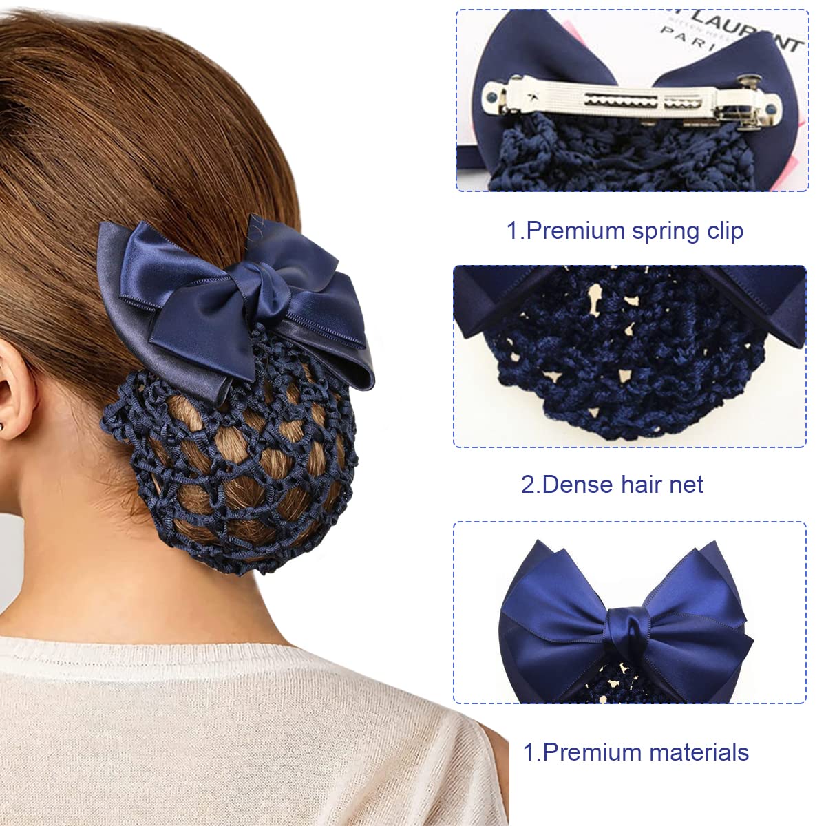 MAYCREATE Bow Hair Bun Net for Work and Dance featuring Alloy Spring Clip 10cm | Blue Snood Cover for Women