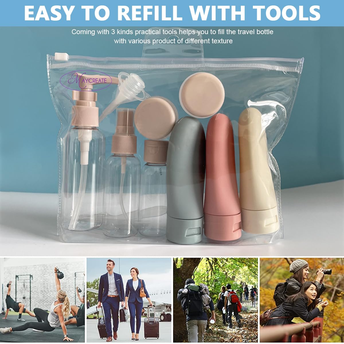 MAYCREATE Travel Bottles Set for Toiletries with 33 pcs Refillable Containers | PET PP PE Leakproof Design