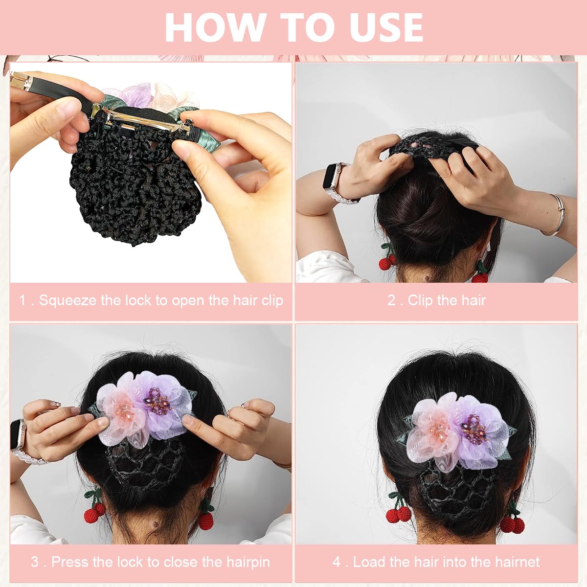 MAYCREATE Hair Snood Net Barrette Bun Cover, Floral Hair Bun Clips for Women Girls Gift, Hair Bun Accessories Bun Maker Spring Clip Hairnet for Dancer Nurse Work or Daily