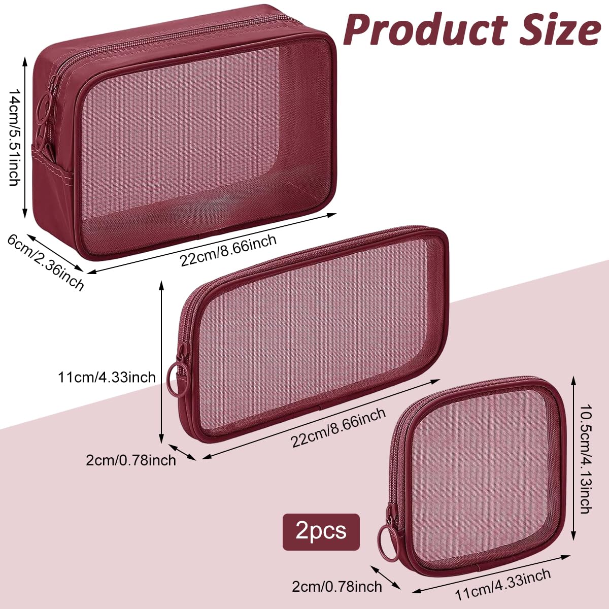 MAYCREATE Zipper Pouches Combo for Travel and Work featuring 8PCS in 4 Sizes Mesh Bags | Burgundy Red Nylon Cosmetic Organizer