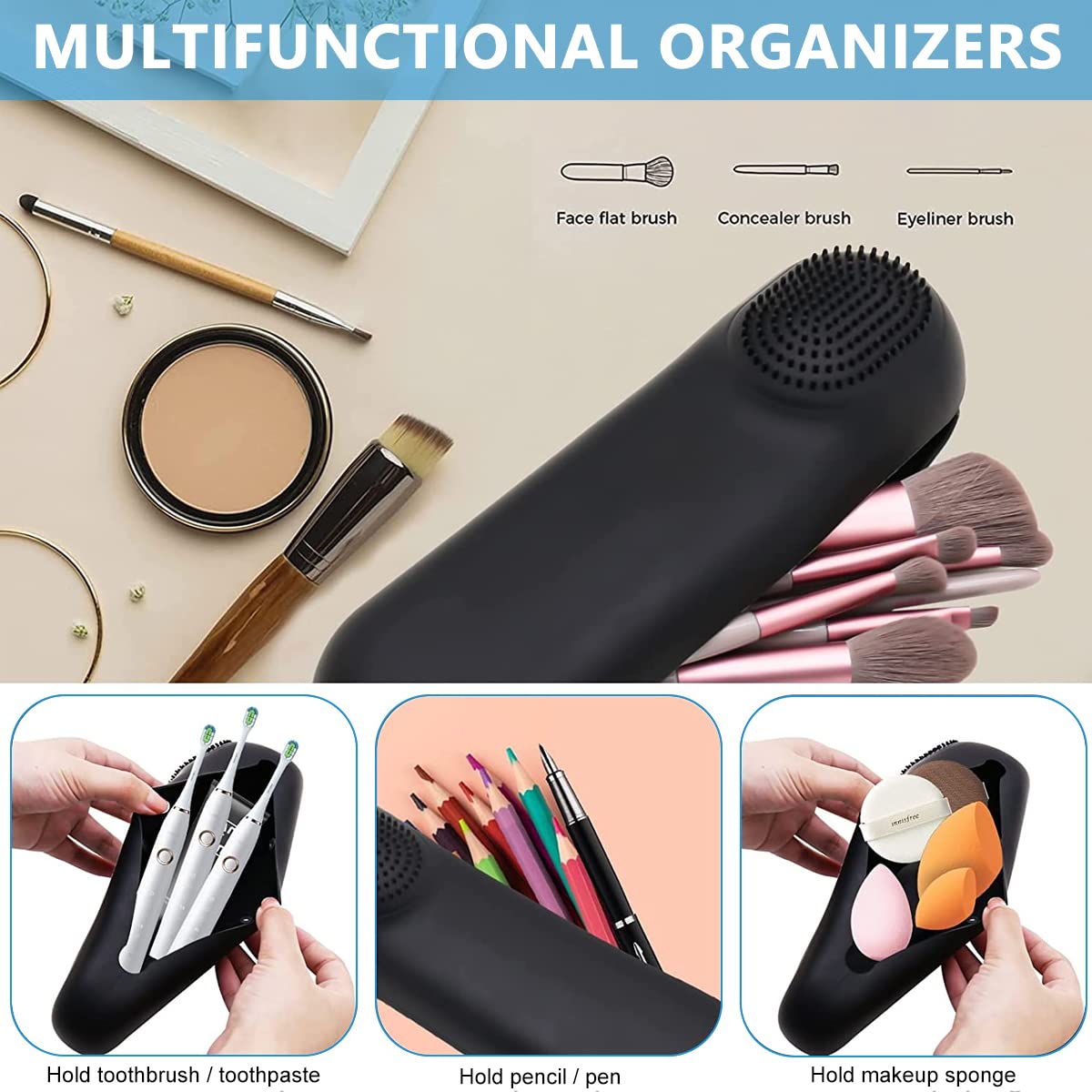 MAYCREATE Makeup Brush Holder Case Silicone Cosmetic Makeup Brushes Organizer with Cleaning Area, for Travel Daily Use - Full Sized & Large Brushes Fit, Magnetic Closure (Brushes Not Included)
