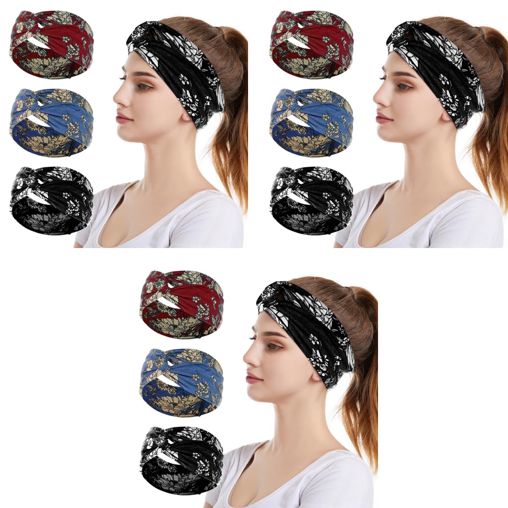 MAYCREATE Head Band for Women 9PCS for Yoga Running and Makeup featuring Knotted Boho Design | Stretchy Flower Print Hair Accessories