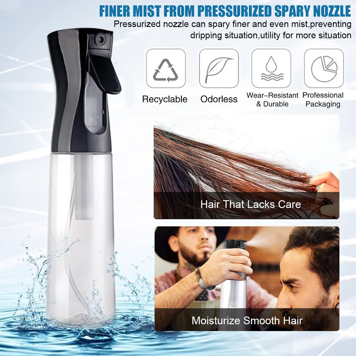 MAYCREATE 300ml Refillable Spray Bottles, Empty Plastic Mist Water Spray Bottle for Hair, Portable Skin Moisturizing Spray Bottle for Alcohol, Cleanser Dispenser(Black)