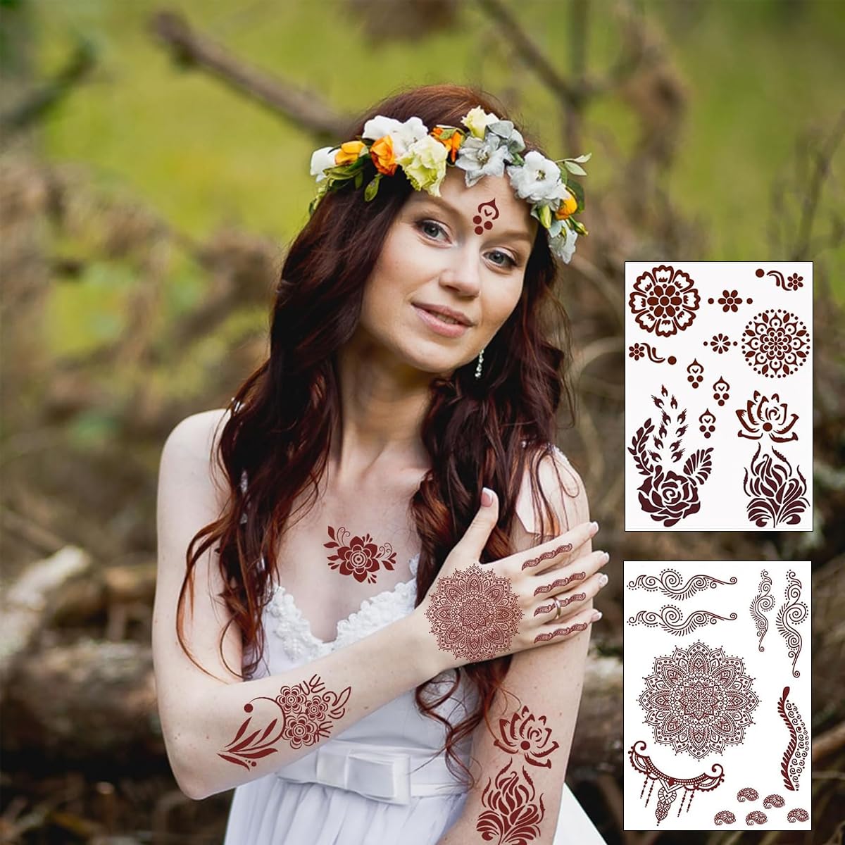 MAYCREATE Tattoo Sticker 9 Sheets for Women and Girls featuring Waterproof Brown Henna Designs