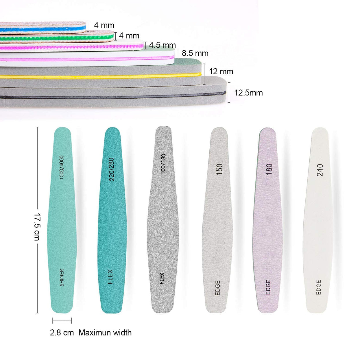 MAYCREATE 6pcs Nail Files Set for Manicure, Nail Buffer Files Block Coarse Washable Nail Polisher Double Sided Nail Shaper Emery Boards for Acrylic & Natural Nails 100/150/180/220/240/280/1000/4000 Grid