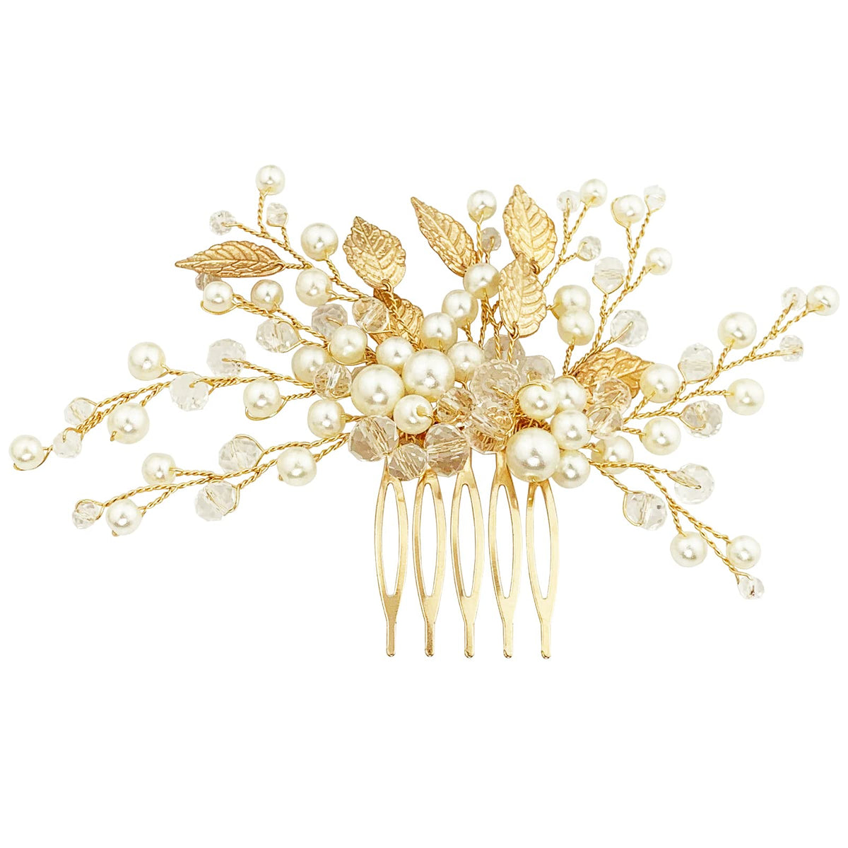 MAYCREATE® Bridal Hair Comb Crystal Pearl Gold Leaf Hair Piece Accessories for Women Girls Party (Gold)
