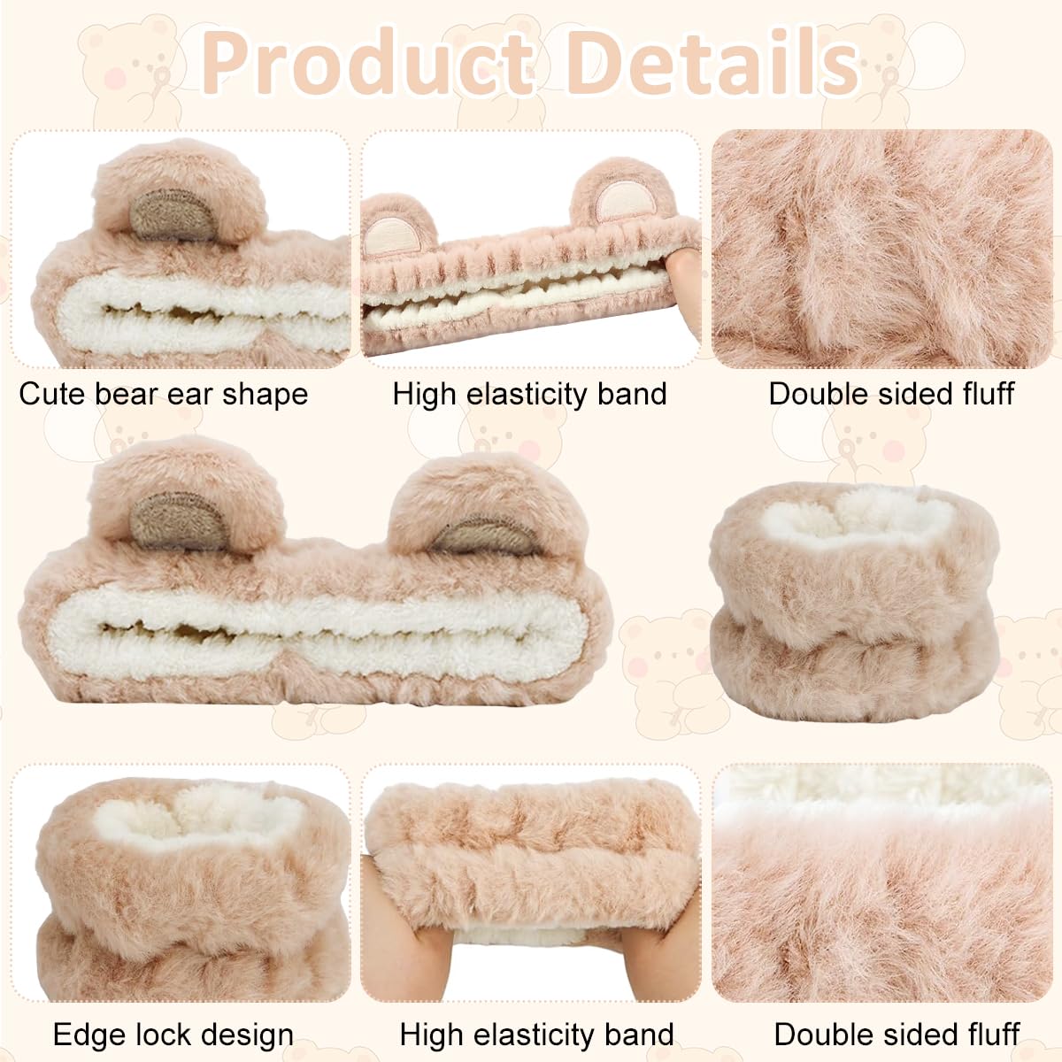 MAYCREATE Skincare Headband for Women & Wrist Band for Face Wash 3pcs Combo, Cute Facial Makeup Hair Band and Wrist Bands Towel, Bear Ears Face Wash Band Spa Headband for Women Girls