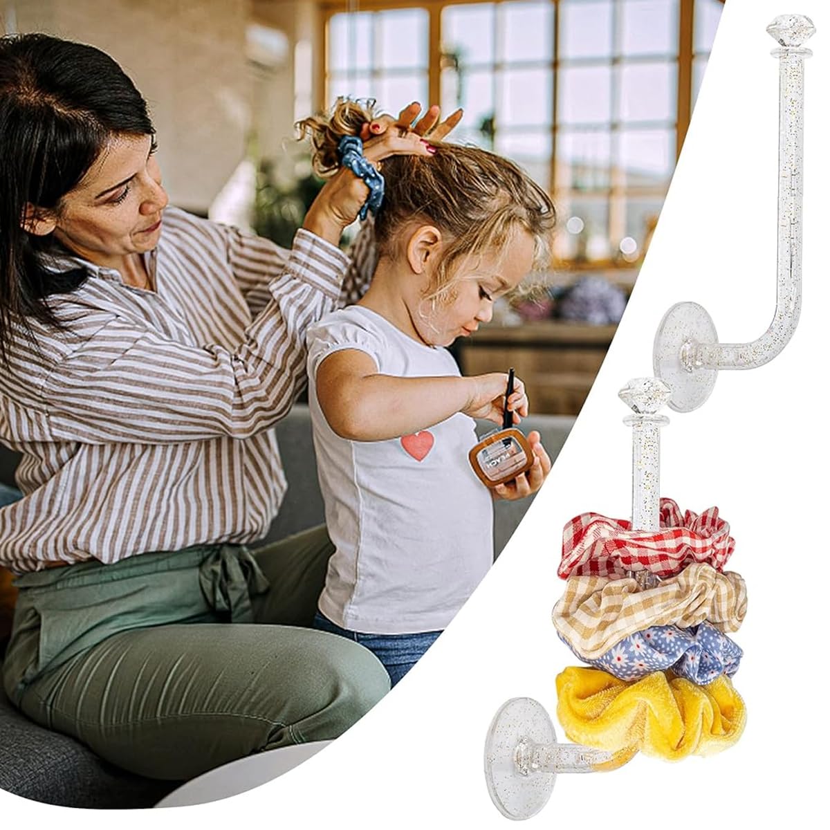 MAYCREATE 4Pcs Headband Holder Stand Scrunchie Organizer, Acrylic Clear Glitter Adhesive Scrunchy Holder Scrunchie Tower Storage Wall Hook for Women Girl Headband Bracelet Necklace